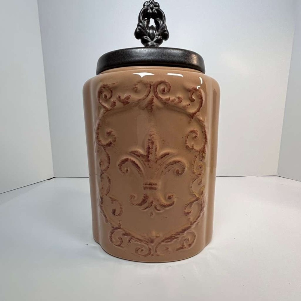 American Atelier At Home Tan Brown Stoneware Canister Jar 11" Fleur-de-Lis